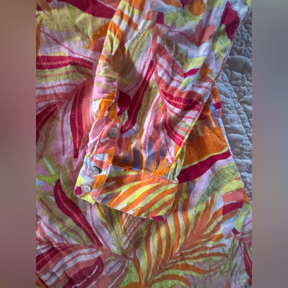 C&C California Tunic Top Tropical Floral Linen/Rayon Button Up Sz XL Beach Vacay - Picture 4 of 15